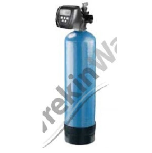 A blue cylindrical activated carbon filter system with a Clack valve, typically used for water purification.