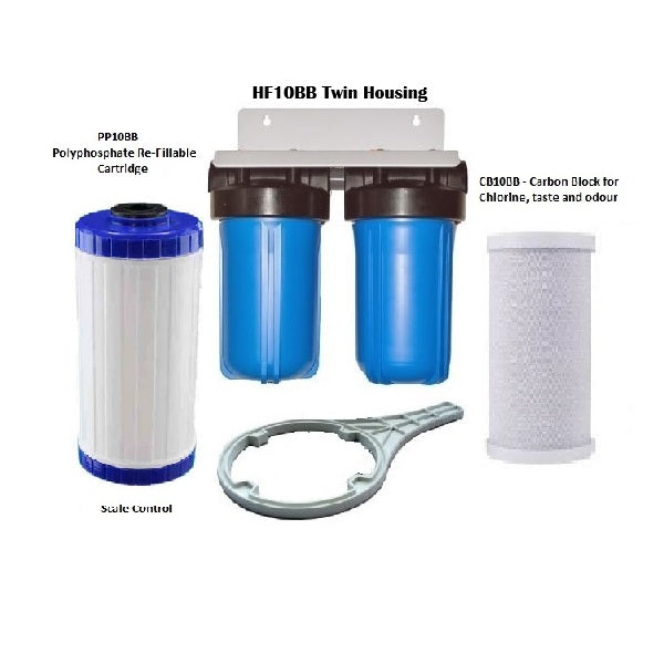 Wrekin Water HF10BB Duplex Scale Control PP10BB Polyphosphate and CB10BB - High Flow Carbon Block - Whole House Filter