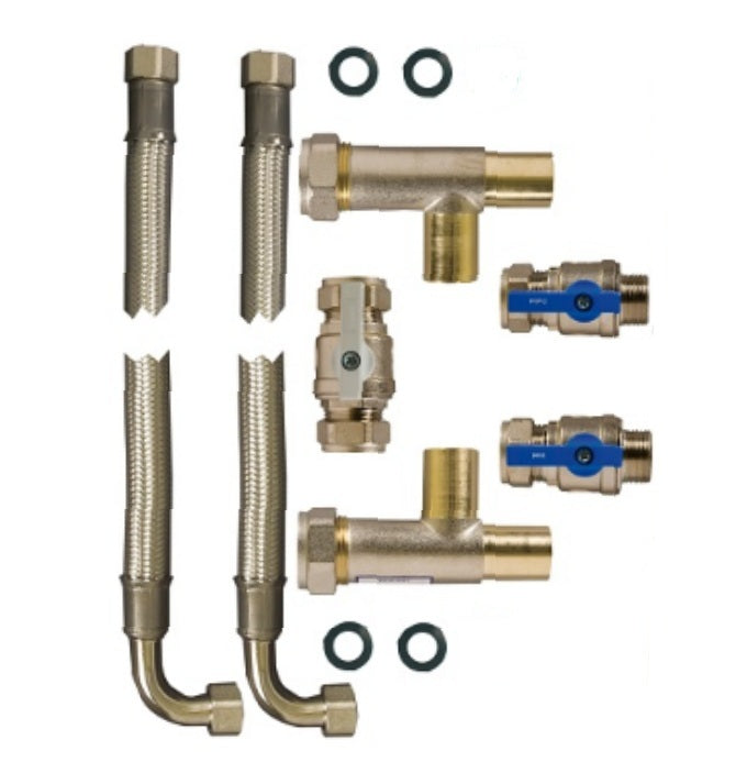 22mm - Water Softener Fixing Kit - 22mm Full Bore Valve, 22mm Integral Tee Set, 1.25m Stainless Steel Hoses