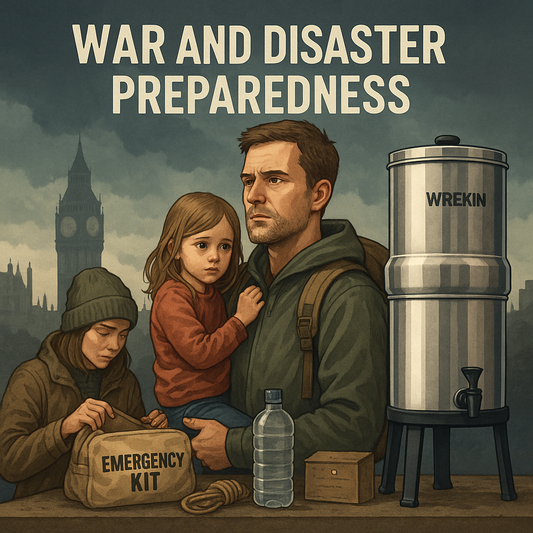 A UK family prepares for emergencies in an urban setting with an emergency kit, bottled water, and a Wrekin gravity water filter prominently displayed, symbolizing war and disaster preparedness.