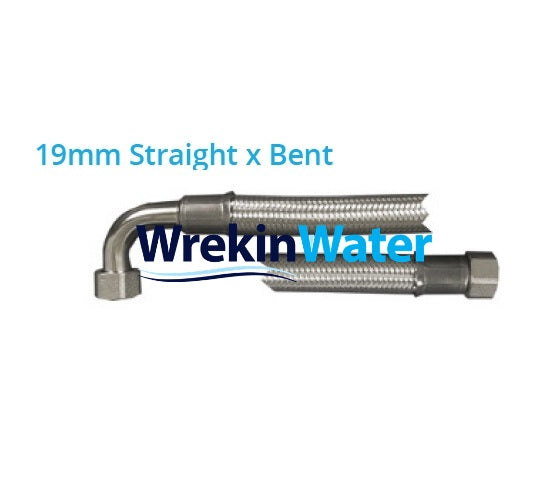 H6236 - 1.25m - Stainless Steel Braided High Flow Water Softener Hoses with 3/4in BSP Bent x Straight Connector 19mm (Sold in Pairs)