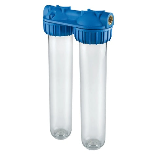 20in Duplex Standard Housing - Clear Bowl - 1" Ports - Atlas Filter Housing inc. Spanner and Bracket