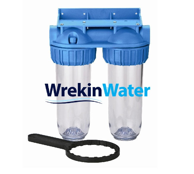 10in -3/4 - Duplex - Atlas Twin  Housing, Bracket and Spanner Set -  Clear Bowl with 3/4in BSP Ports