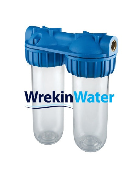 10in -3/4 - Duplex - Atlas Twin  Housing, Bracket and Spanner Set -  Clear Bowl with 3/4in BSP Ports