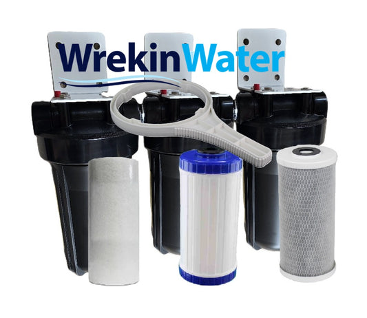 Wrekin Water Whole House Triple Filter System - HF10BB Triple - Sediment, Scale and Carbon CB10BB - High Flow Carbon Block - Whole House Filter