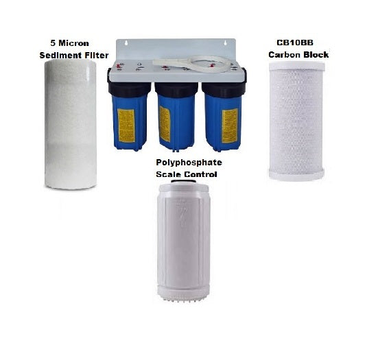 Wrekin Water Whole House Triple Filter System - HF10BB Triple - Sediment, Scale and Carbon CB10BB - High Flow Carbon Block - Whole House Filter