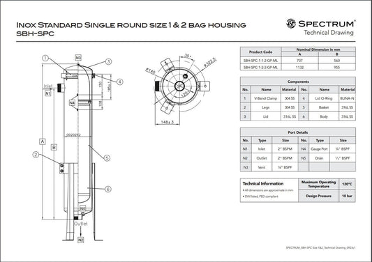 Size 2 (3 x Size 2 Bags) PBH-SPC-3-2-4F-GP-ML SPECTRUM INOX Premier Bag Housing – 4" DN100