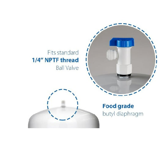 RO Tank Valve from John Guest 1/4" NPTF Thread x 3/8" Push Fit with 1/4" Adaptor
