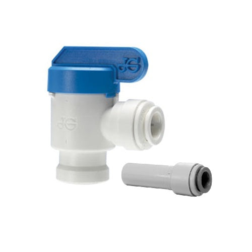 RO Tank Valve from John Guest 1/4" NPTF Thread x 3/8" Push Fit with 1/4" Adaptor
